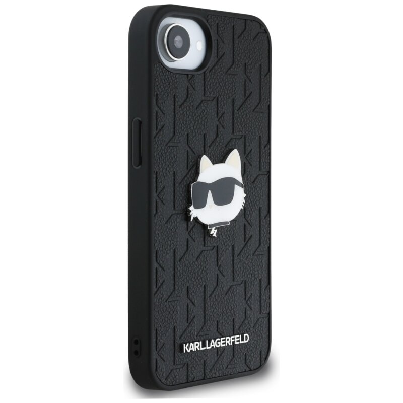 Husa iPhone 16e Karl Lagerfeld Hardcase Leather Monogram, negru, Choupette Head Pin, KLHCPSE4PGKLCHPK