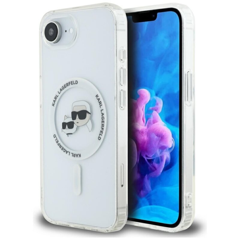Husa iPhone 16e originala Karl Lagerfeld IML MagSafe, alb, Metal Karl&Choupette Head, KLHMPSE4HLSKCH
