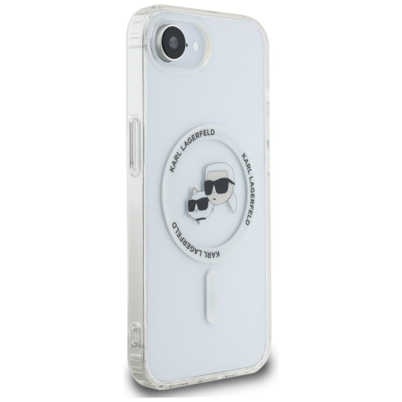 Husa iPhone 16e originala Karl Lagerfeld IML MagSafe, alb, Metal Karl&Choupette Head, KLHMPSE4HLSKCH
