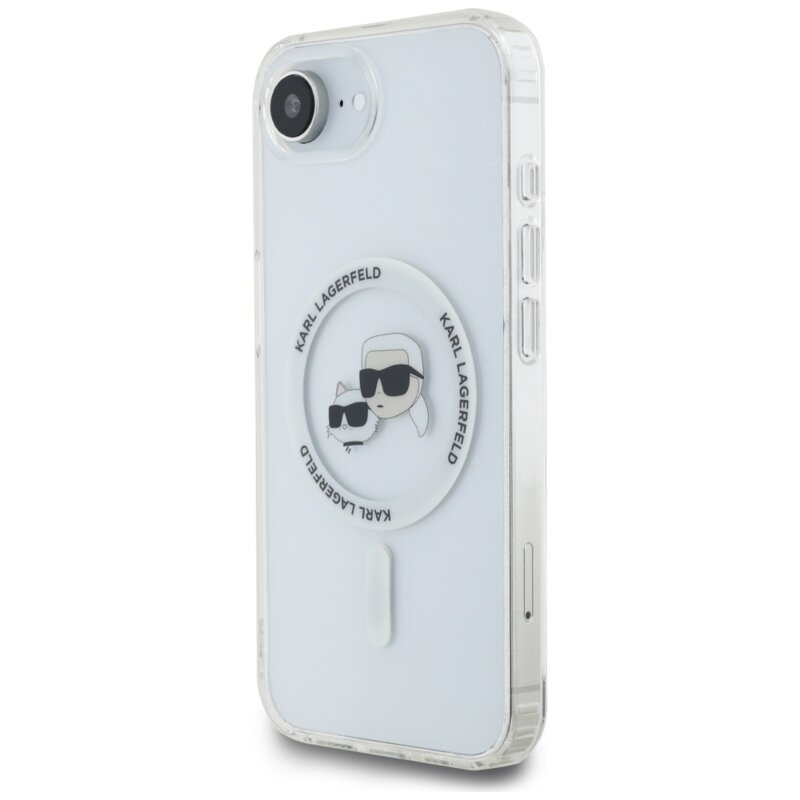 Husa iPhone 16e originala Karl Lagerfeld IML MagSafe, alb, Metal Karl&Choupette Head, KLHMPSE4HLSKCH