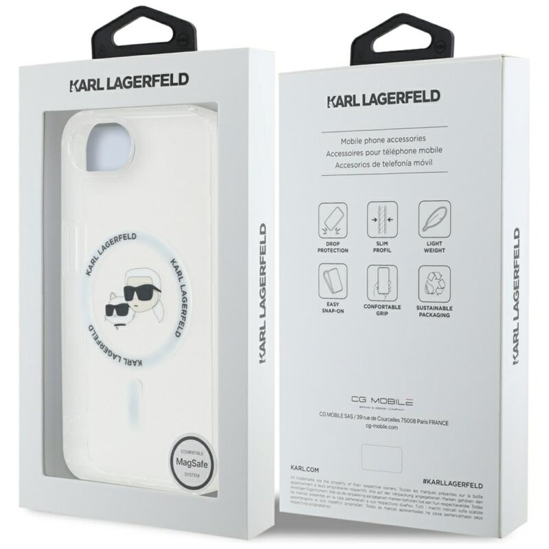 Husa iPhone 16e originala Karl Lagerfeld IML MagSafe, alb, Metal Karl&Choupette Head, KLHMPSE4HLSKCH