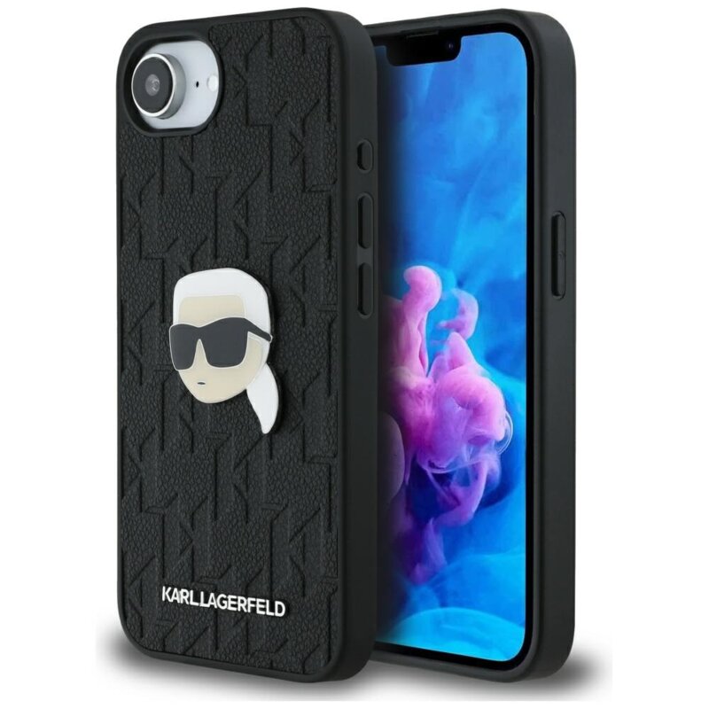 Husa iPhone 16e Karl Lagerfeld Hardcase Leather Monogram, negru, Karl Head Pin, KLHCPSE4PGKLKIPK