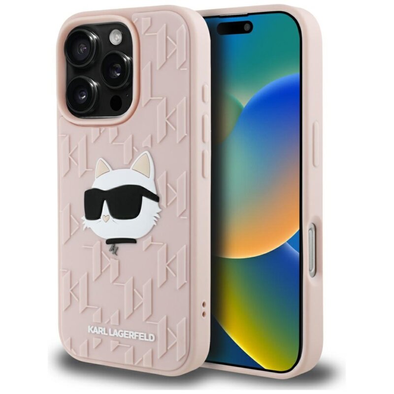 Husa originala iPhone 16 Pro Max Karl Lagerfeld 3D Design, roz, Rubber Monogram Choupette, KLHCP16XRBCCHHKLP