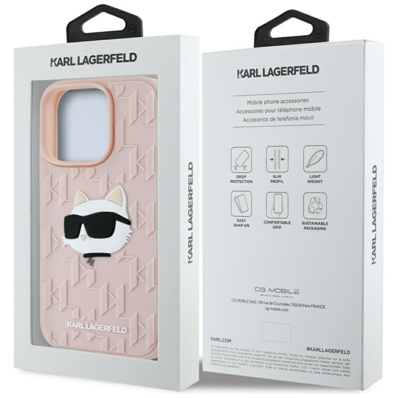 Husa originala iPhone 16 Pro Karl Lagerfeld 3D Design, roz, Rubber Monogram Choupette, KLHCP16LRBCCHHKLP