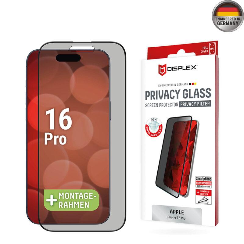 Folie sticla premium iPhone 16 Pro Displex Real Glass Privacy Full Cover, negru