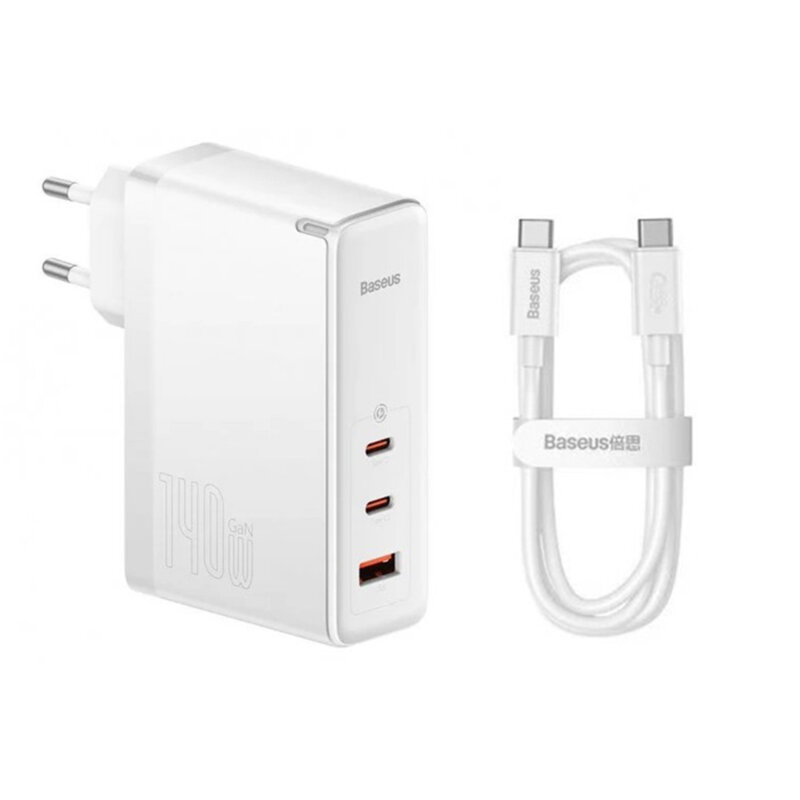 Incarcator priza Fast Charge 3in1 + cablu Type-C Baseus GaN5 Pro, 140W, alb
