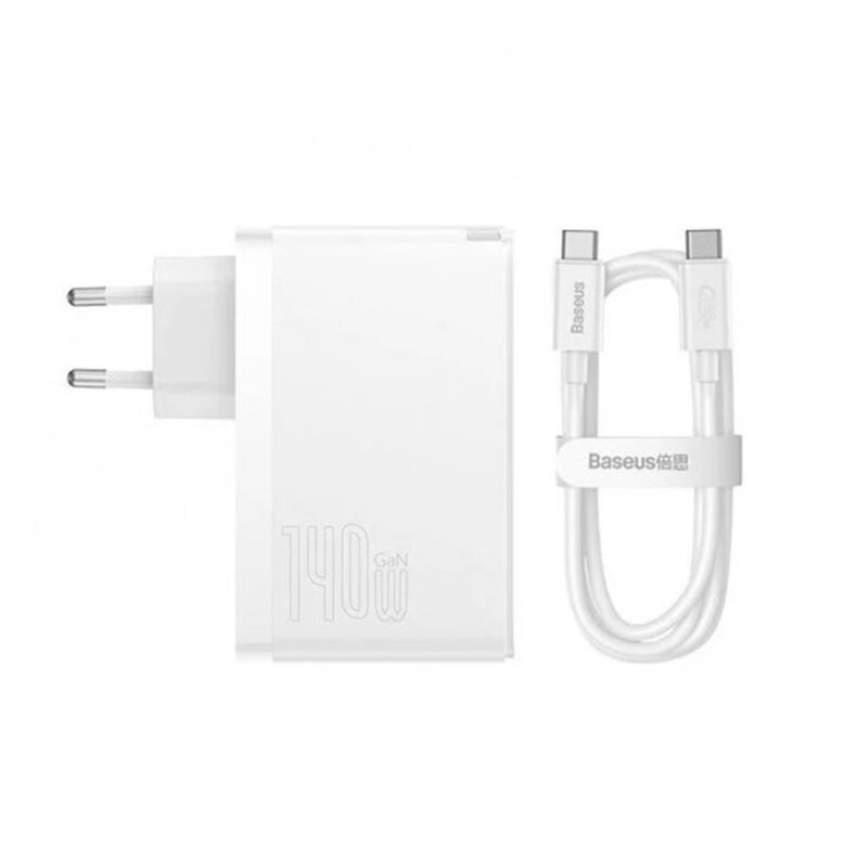 Incarcator priza Fast Charge 3in1 + cablu Type-C Baseus GaN5 Pro, 140W, alb