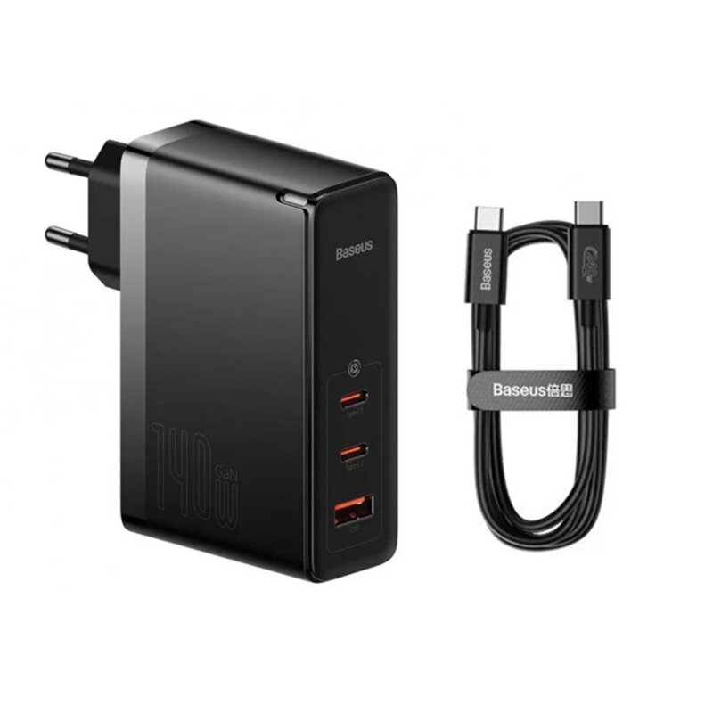 Incarcator priza Fast Charge 3in1 + cablu Type-C Baseus GaN5 Pro, 140W, negru