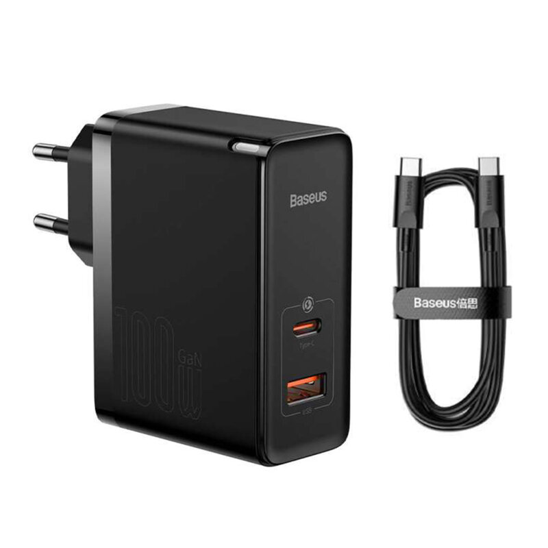 Incarcator priza Fast Charge 2in1 + cablu Type-C Baseus GaN5 Pro, 100W, negru