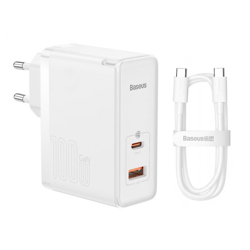 Incarcator priza Fast Charge 2in1 + cablu Type-C Baseus GaN5 Pro, 100W, alb