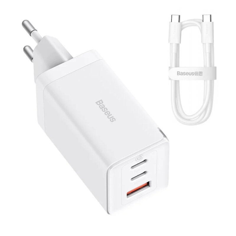 Incarcator priza Fast Charge 3in1 + cablu Type-C Baseus GaN5 Pro, 65W, alb