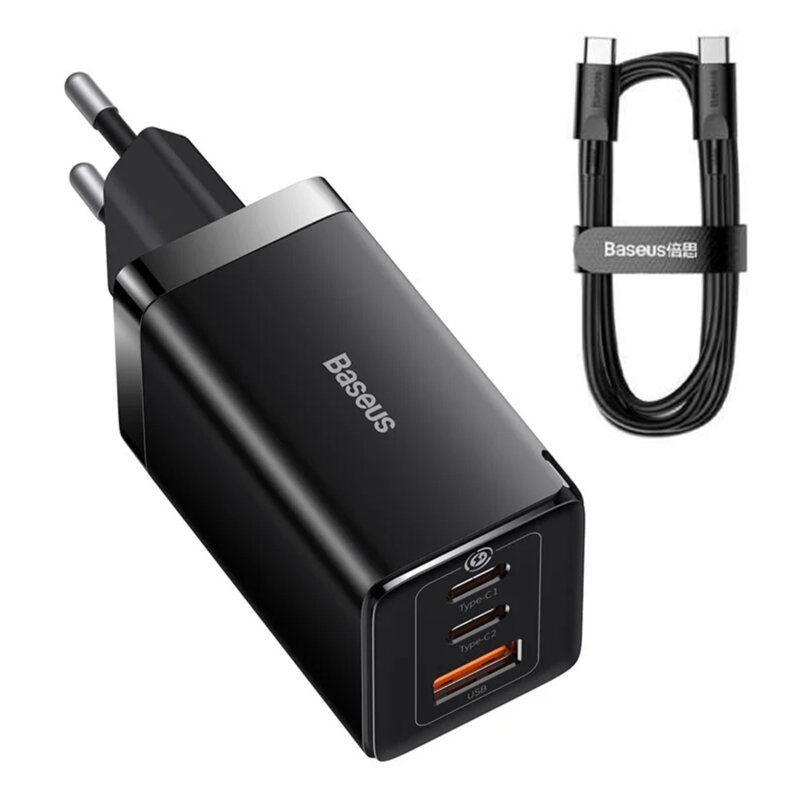 Incarcator priza Fast Charge 3in1 + cablu Type-C Baseus GaN5 Pro, 65W, negru