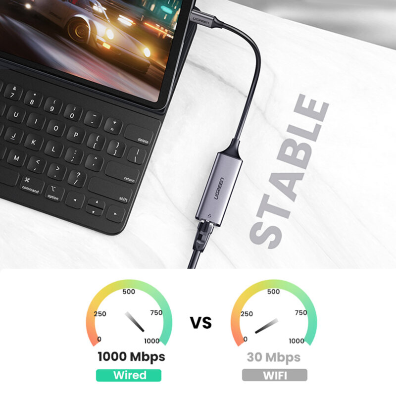 Adaptor internet USB-C la RJ45 Ugreen, 1000Mbps, gri, 50737