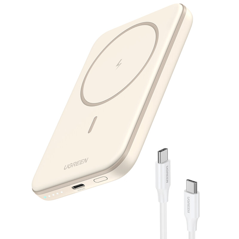 Power bank wireless 5000mAh, USB-C Ugreen, 15W, bej, 25207