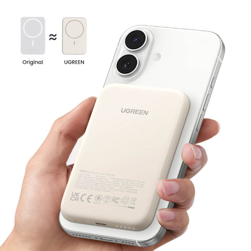 Power bank wireless 5000mAh, USB-C Ugreen, 15W, bej, 25207