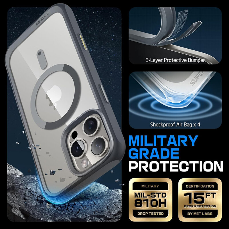 Husa iPhone 16 Pro Supcase Unicorn Beetle Slim Clear MagSafe, gri