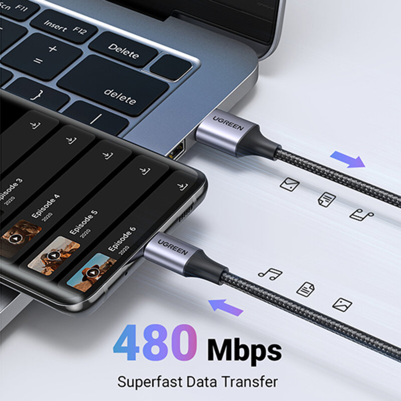 Cablu de date USB la Type-C Ugreen, 18W, 1m, gri, 60126