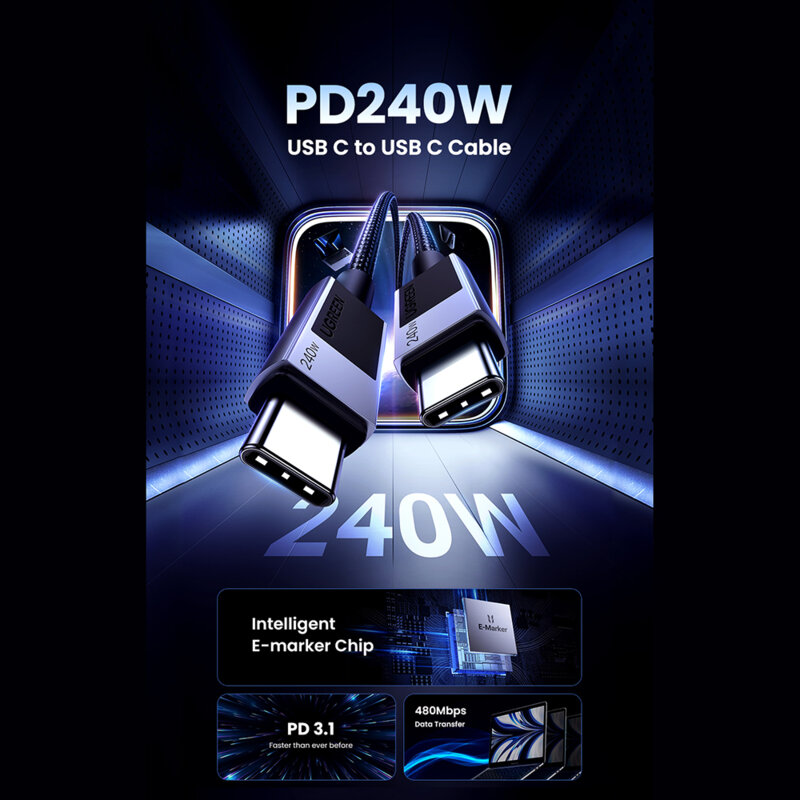 Cablu de date Type-C Ultra Fast Charge 100W, 2m Ugreen, gri, 45068