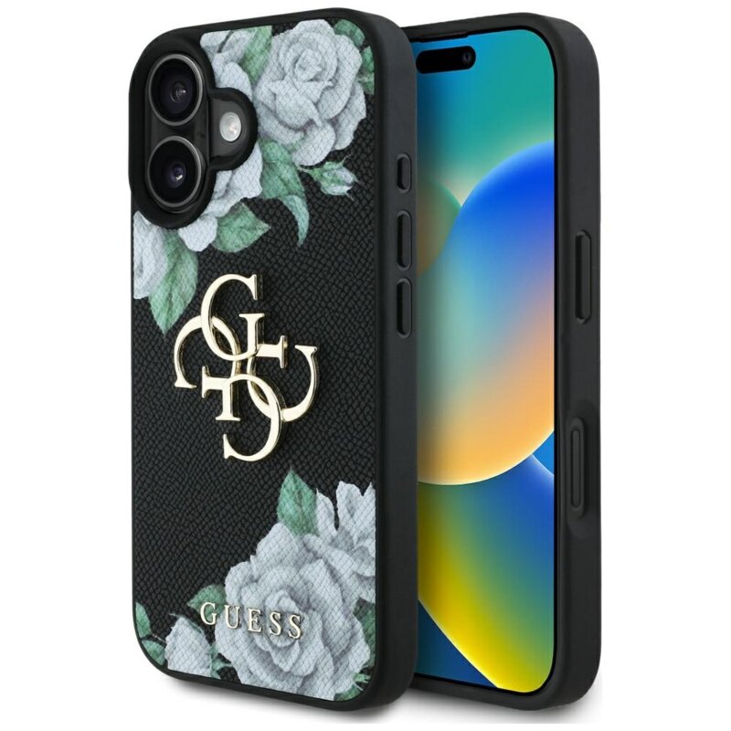 Husa originala Guess iPhone 16 Hardcase 4G Grained Roses Big Logo, negru, GUHCP16SPGROP4MK