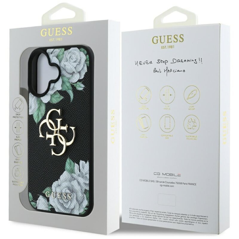 Husa originala Guess iPhone 16 Hardcase 4G Grained Roses Big Logo, negru, GUHCP16SPGROP4MK