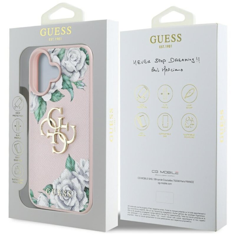 Husa originala Guess iPhone 16 Hardcase 4G Grained Roses Big Logo, roz, GUHCP16SPGROP4MP