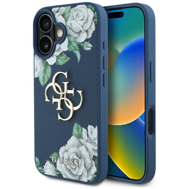 Husa originala Guess iPhone 16 Hardcase 4G Grained Roses Big Logo, albastru, GUHCP16SPGROP4MB