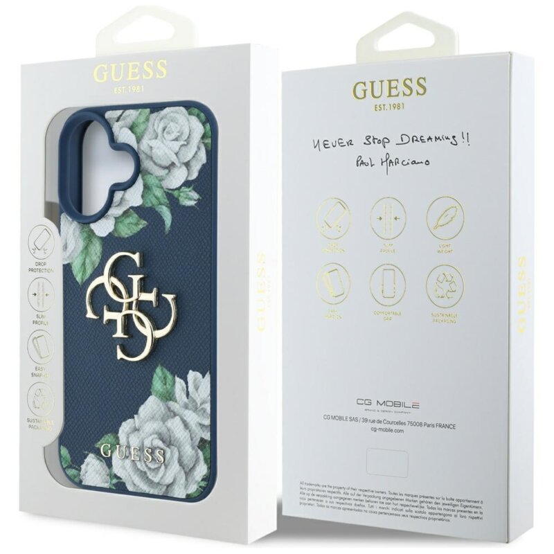 Husa originala Guess iPhone 16 Hardcase 4G Grained Roses Big Logo, albastru, GUHCP16SPGROP4MB
