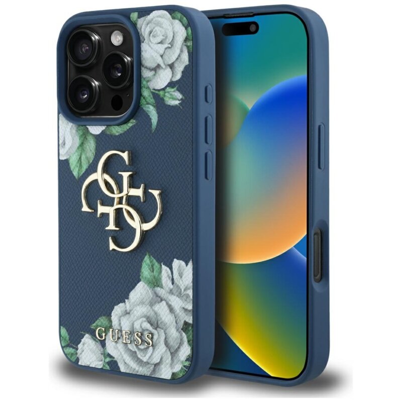 Husa originala Guess iPhone 16 Pro Max Hardcase 4G Grained Roses Big Logo, albastru, GUHCP16XPGROP4MB