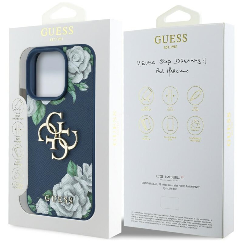Husa originala Guess iPhone 16 Pro Max Hardcase 4G Grained Roses Big Logo, albastru, GUHCP16XPGROP4MB