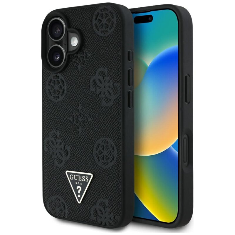 Husa iPhone 16 Guess Peony Grained Hot Stamp Triangle MagSafe, negru, GUHMP16SPGBTMK