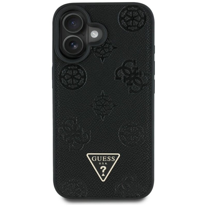 Husa iPhone 16 Guess Peony Grained Hot Stamp Triangle MagSafe, negru, GUHMP16SPGBTMK