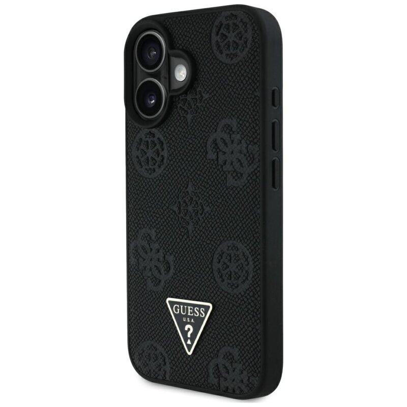 Husa iPhone 16 Guess Peony Grained Hot Stamp Triangle MagSafe, negru, GUHMP16SPGBTMK