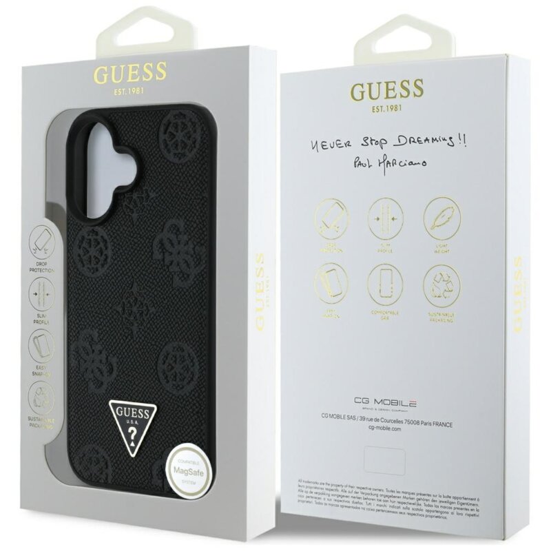 Husa iPhone 16 Guess Peony Grained Hot Stamp Triangle MagSafe, negru, GUHMP16SPGBTMK