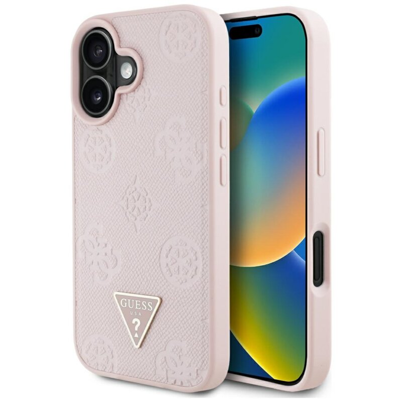 Husa iPhone 16 Guess Peony Grained Hot Stamp Triangle MagSafe, roz, GUHMP16SPGBTMP