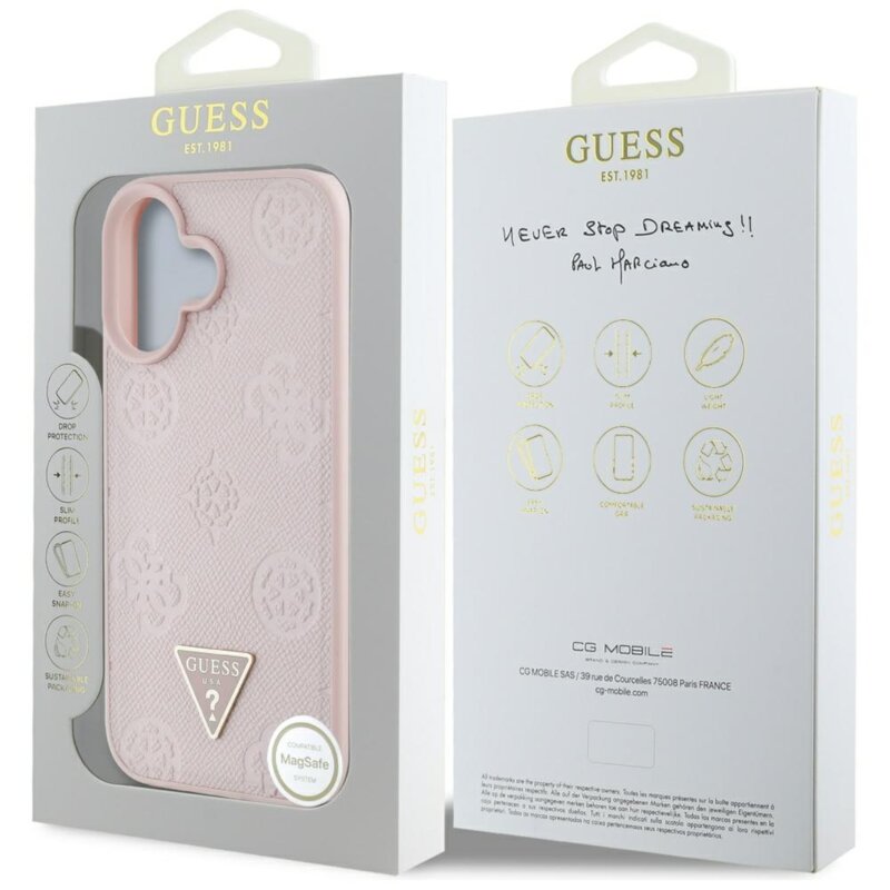Husa iPhone 16 Guess Peony Grained Hot Stamp Triangle MagSafe, roz, GUHMP16SPGBTMP