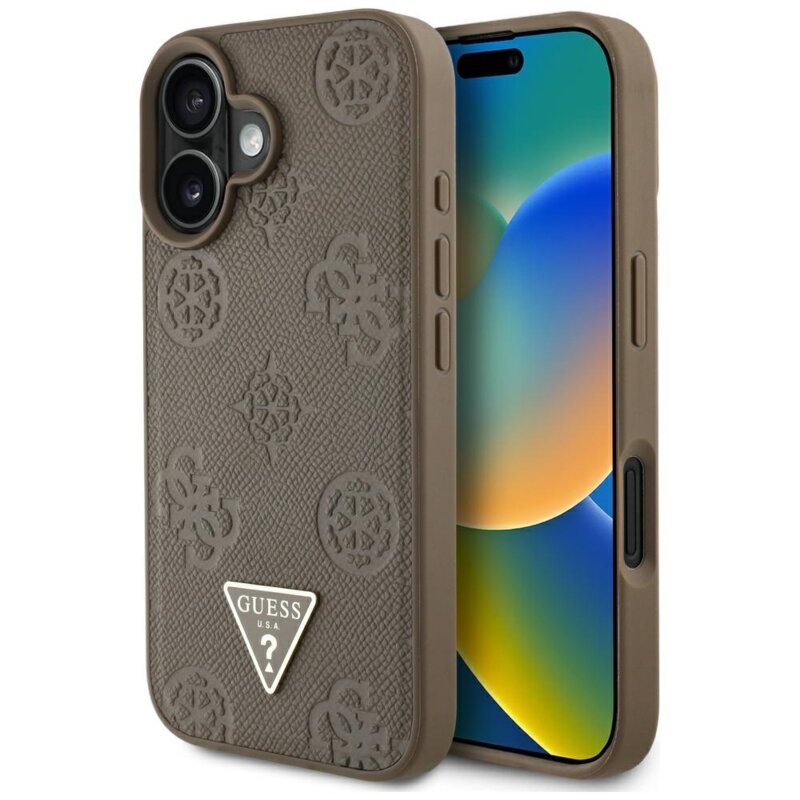 Husa iPhone 16 Guess Peony Grained Hot Stamp Triangle MagSafe, maro, GUHMP16SPGBTMW