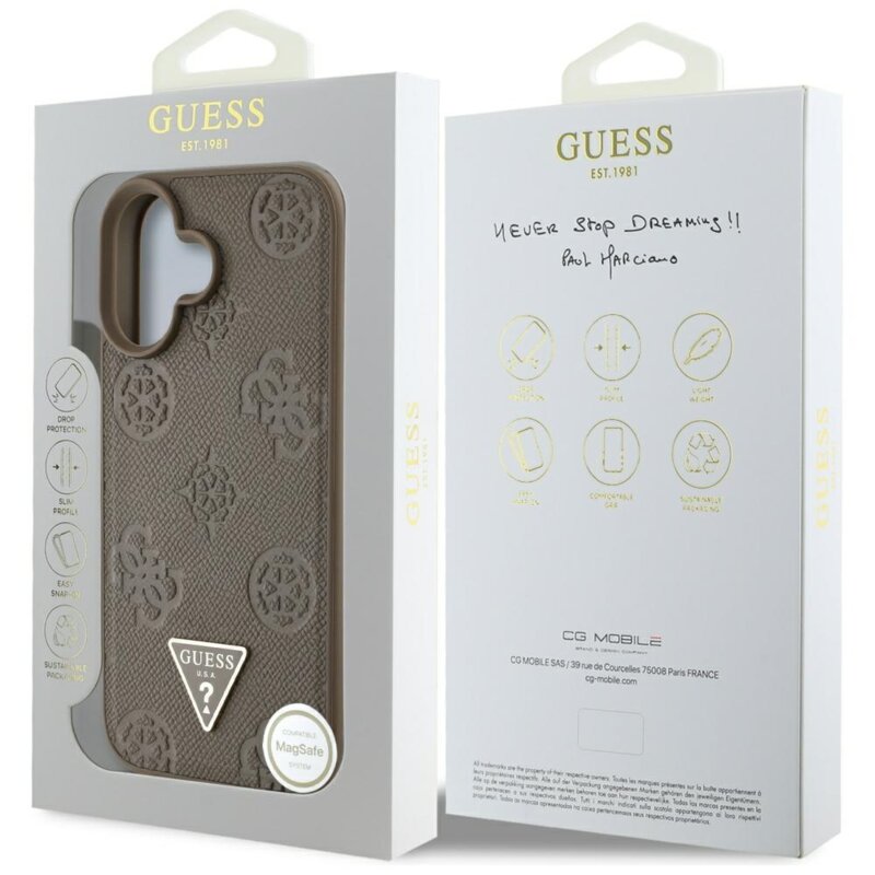 Husa iPhone 16 Guess Peony Grained Hot Stamp Triangle MagSafe, maro, GUHMP16SPGBTMW