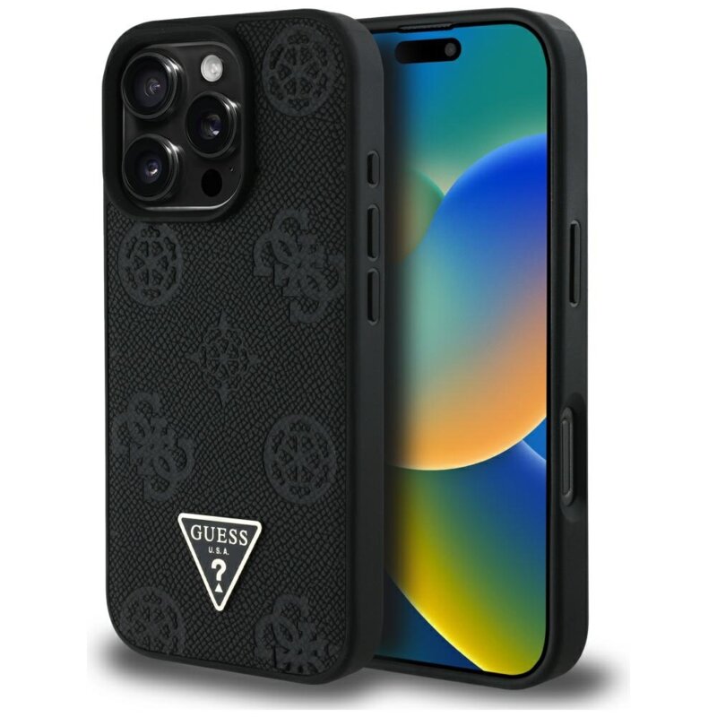 Husa iPhone 16 Pro Guess Peony Grained Hot Stamp Triangle MagSafe, negru, GUHMP16LPGBTMK