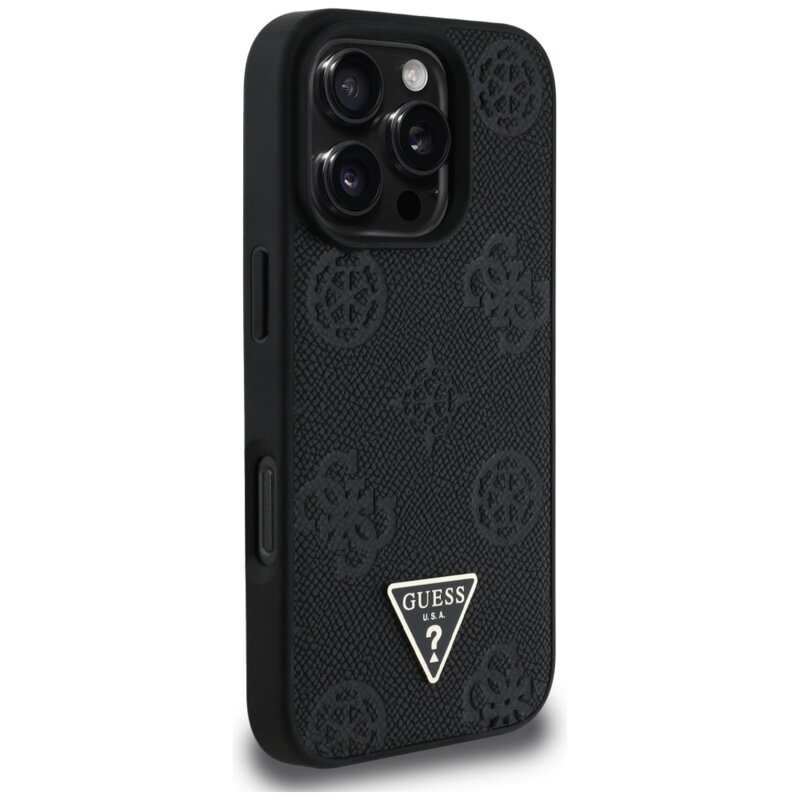 Husa iPhone 16 Pro Guess Peony Grained Hot Stamp Triangle MagSafe, negru, GUHMP16LPGBTMK