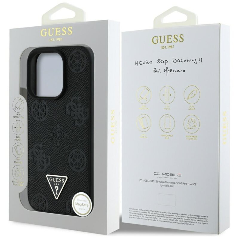 Husa iPhone 16 Pro Guess Peony Grained Hot Stamp Triangle MagSafe, negru, GUHMP16LPGBTMK