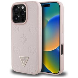 Husa iPhone 16 Pro Guess Peony Grained Hot Stamp Triangle MagSafe, roz, GUHMP16LPGBTMP