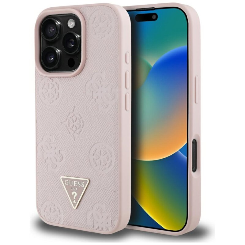 Husa iPhone 16 Pro Guess Peony Grained Hot Stamp Triangle MagSafe, roz, GUHMP16LPGBTMP