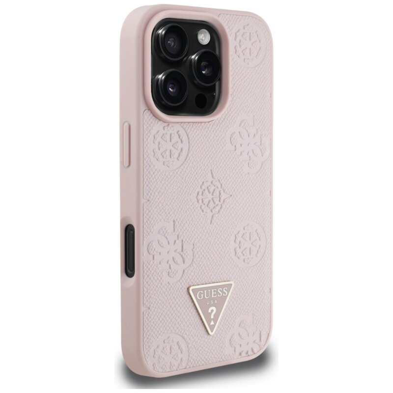 Husa iPhone 16 Pro Guess Peony Grained Hot Stamp Triangle MagSafe, roz, GUHMP16LPGBTMP