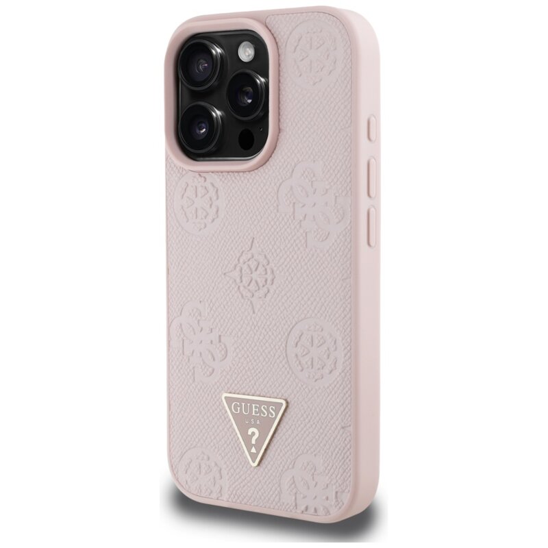 Husa iPhone 16 Pro Guess Peony Grained Hot Stamp Triangle MagSafe, roz, GUHMP16LPGBTMP