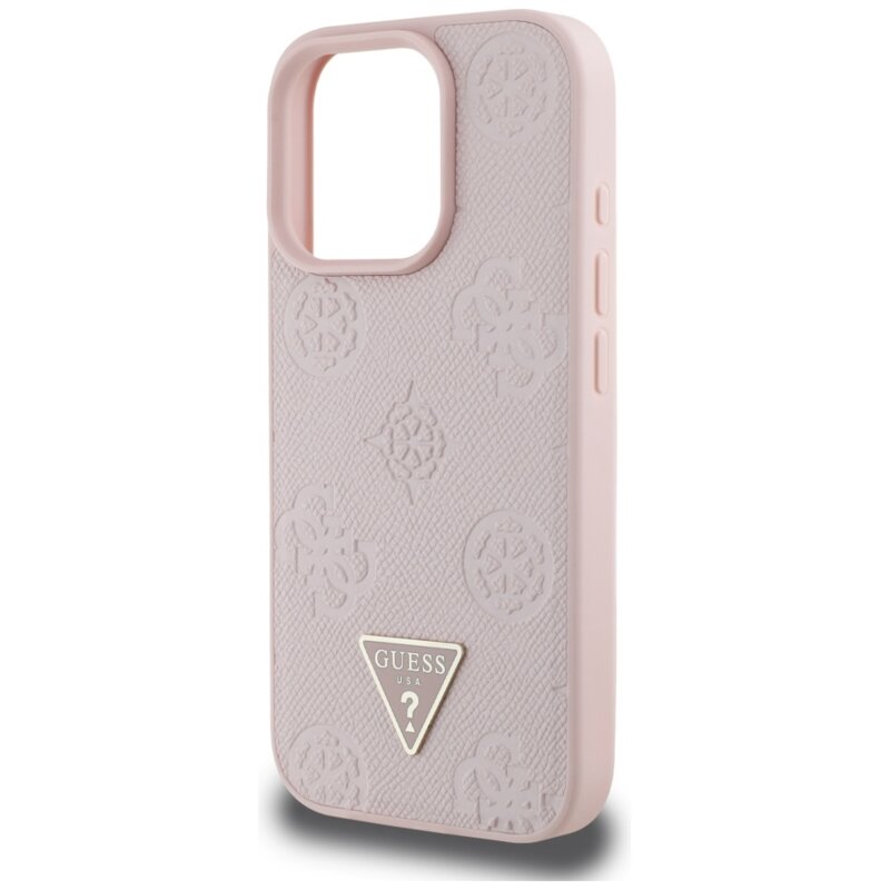 Husa iPhone 16 Pro Guess Peony Grained Hot Stamp Triangle MagSafe, roz, GUHMP16LPGBTMP