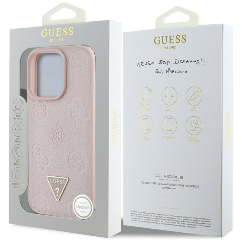 Husa iPhone 16 Pro Guess Peony Grained Hot Stamp Triangle MagSafe, roz, GUHMP16LPGBTMP