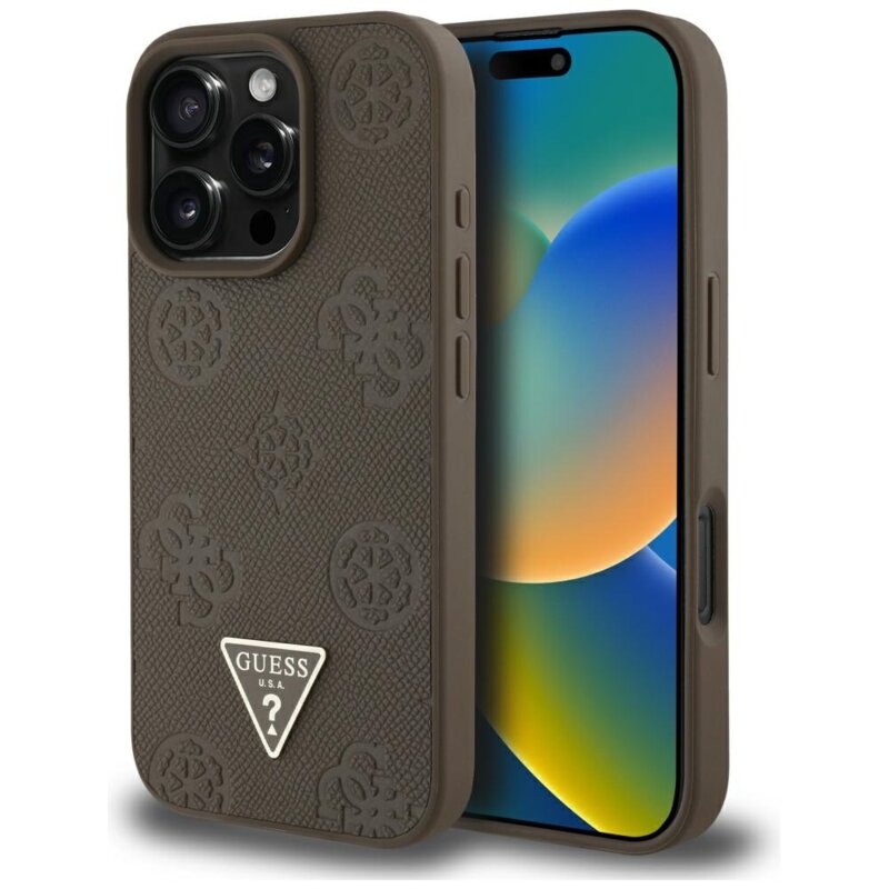 Husa iPhone 16 Pro Guess Peony Grained Hot Stamp Triangle MagSafe, maro, GUHMP16LPGBTMW