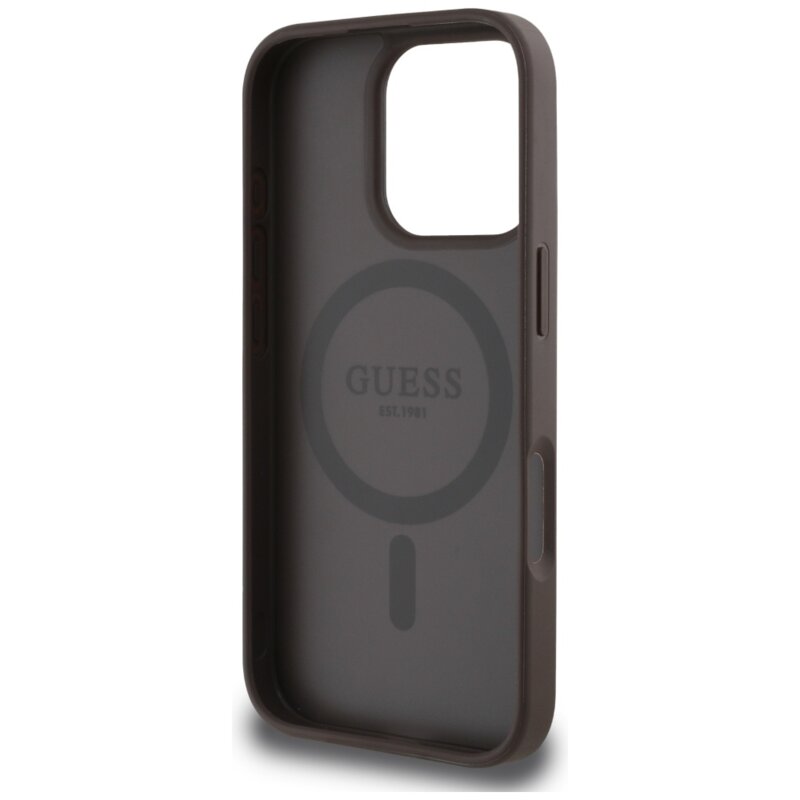 Husa iPhone 16 Pro Guess Peony Grained Hot Stamp Triangle MagSafe, maro, GUHMP16LPGBTMW