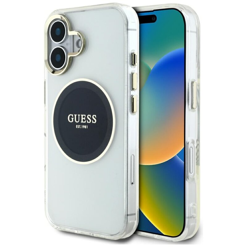 Husa iPhone 16 originala Guess IML Metal Colored Circle MagSafe, negru, GUHMP16SHTDRCEDK