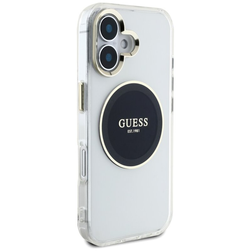 Husa iPhone 16 originala Guess IML Metal Colored Circle MagSafe, negru, GUHMP16SHTDRCEDK